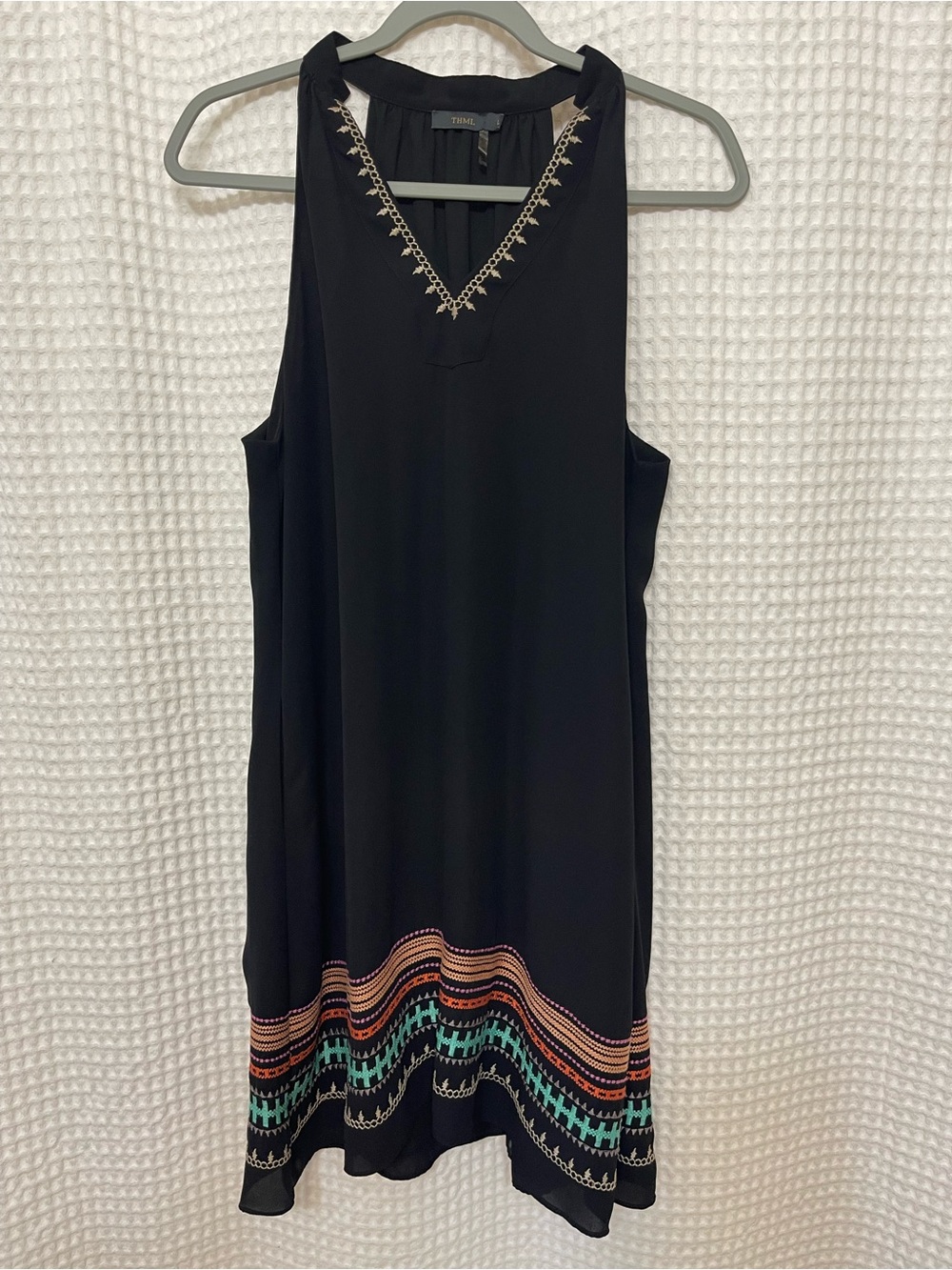 THML Black Sleeveless Dress with Multicolor Hem Embroidery